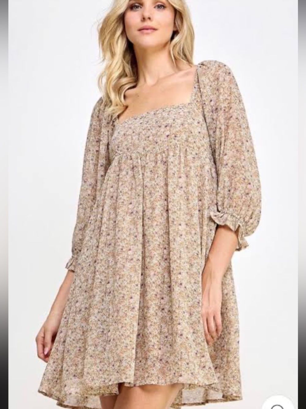 Everyday Chic Boutique Smocked Square-Neck Floral Dress in Beige Floral large